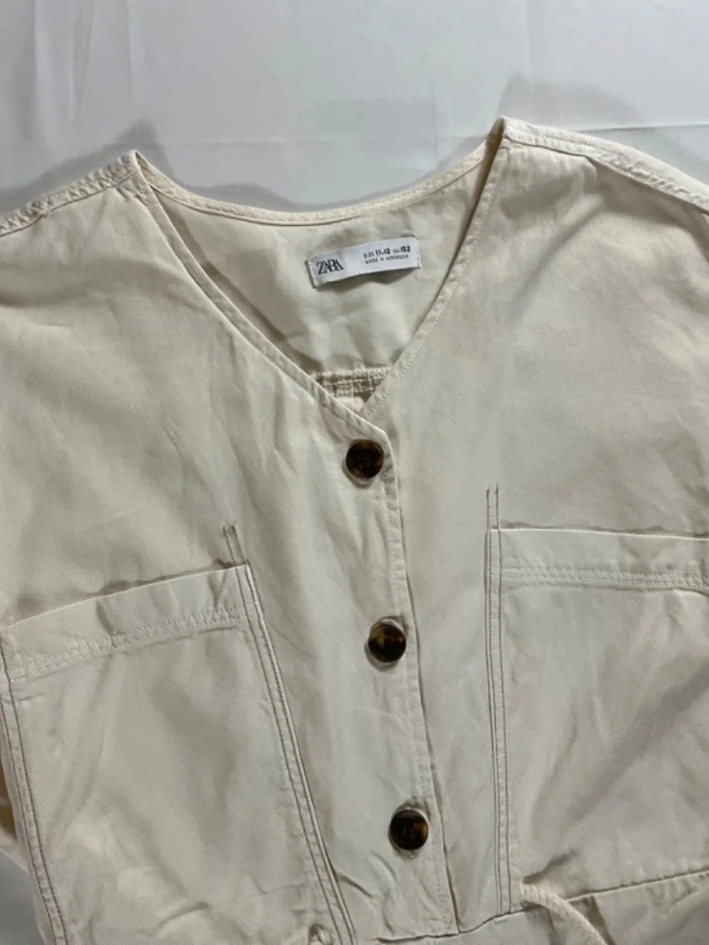 Zara Girls Cream Short Sleeve Linen Blend Utility Romper with Pockets Size 11-12